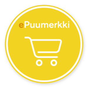 Keltainen pyöreä painike, jossa teksti ePuumerkki ja ostoskärryt.