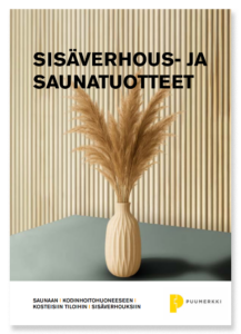 Esitteen kansikuva, sisäverhous- ja saunatuotteet.
